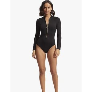 NWT Seafolly Collective Womens Black Long Sleeve Zip Front Surfsuit Size‎ 14